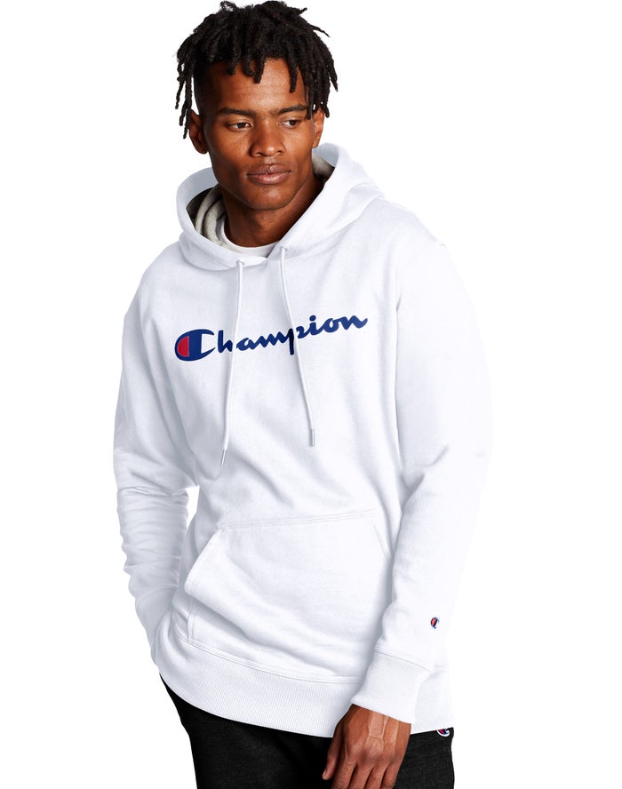 Champion Powerblend Script Logo Hoodie Heren - Wit - Belgie 5728GDOMX